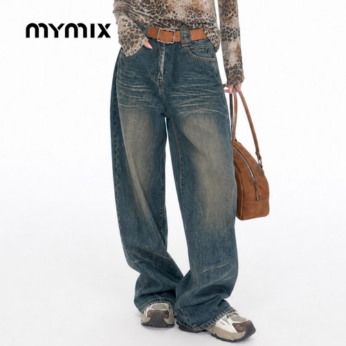 mymix水洗高腰阔腿牛仔裤女