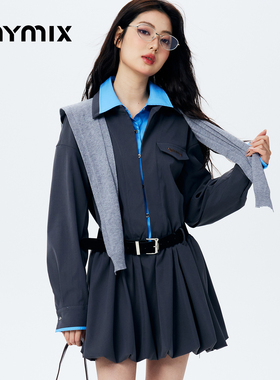 【26春新品】MYMIX时尚潮流撞色翻领拼接高腰短款长袖连身裙女装