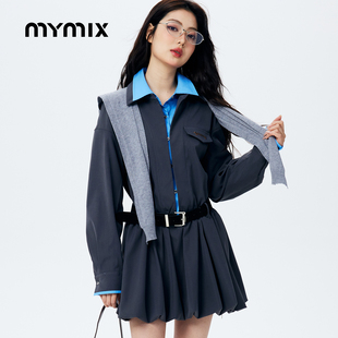 【26春新品】MYMIX时尚潮流撞色翻领拼接高腰短款长袖连身裙女装