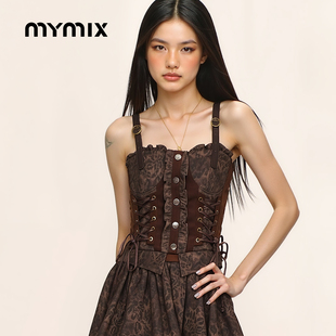 【25冬新品】MYMIX美式复古做旧牛仔豹纹短款辣妹设计感系带背心