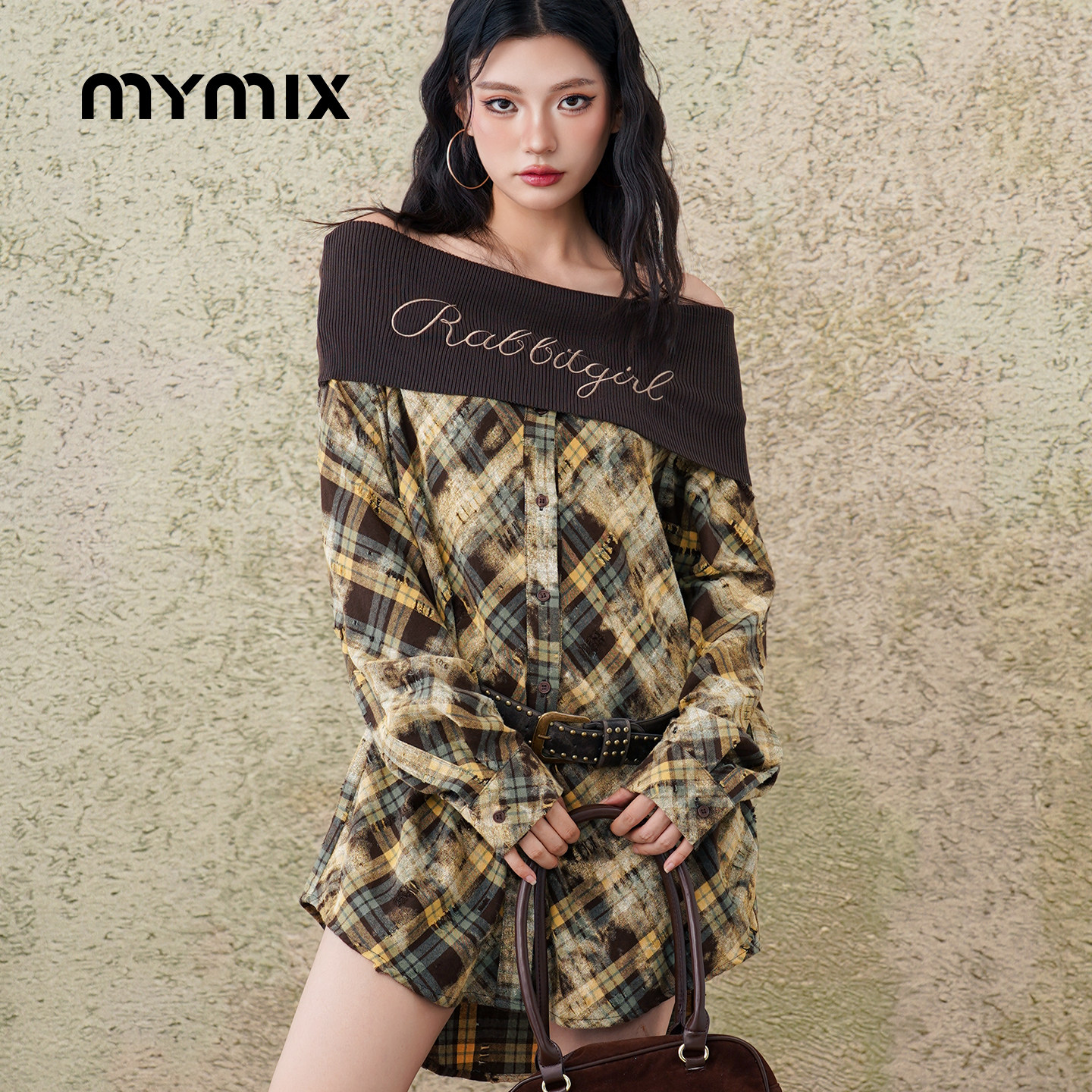MYMIX格纹露肩一字肩长袖衬衫裙