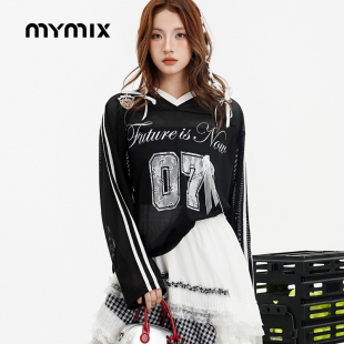 罩衫 MYMIX辣妹长袖 T恤女条纹撞色拼接宽松显瘦上衣 25夏新品