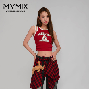 组合2024秋季 个性 新款 时尚 红色圆领印花吊带背心 女装 MYMIX我