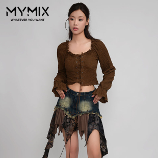 女装 新款 复古方领绑带短款 长袖 MYMIX我 针织衫 组合2024秋季