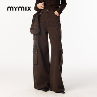 【26春新品】MYMIX纯棉高腰休闲工装裤多口袋宽松百搭长裤女裤子