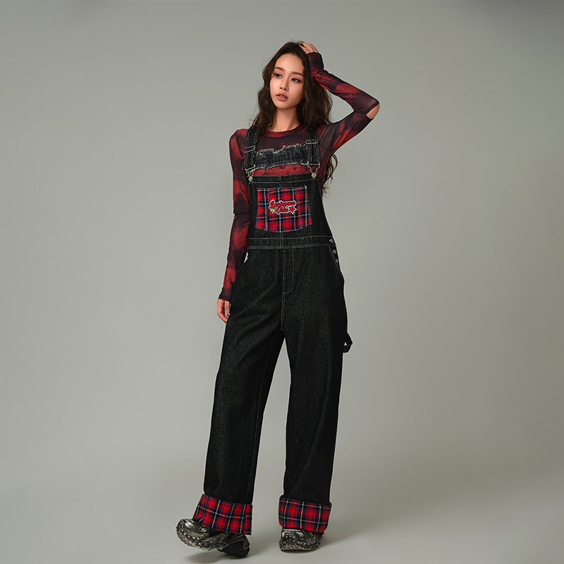 MYMIX复古美式牛仔背带裤格纹撞色拼接高腰背带直筒牛仔裤,女装/女士精品,牛仔裤,淘宝优惠券,粉丝福利购,淘宝优惠卷