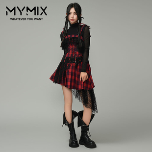 MYMIX我的组合2024冬季新款女装格纹网纱红色不规则吊带连衣裙