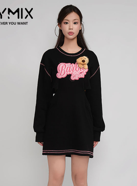 MYMIX我的组合2024秋季新款简约时尚黑色拼接图案长袖休闲连衣裙