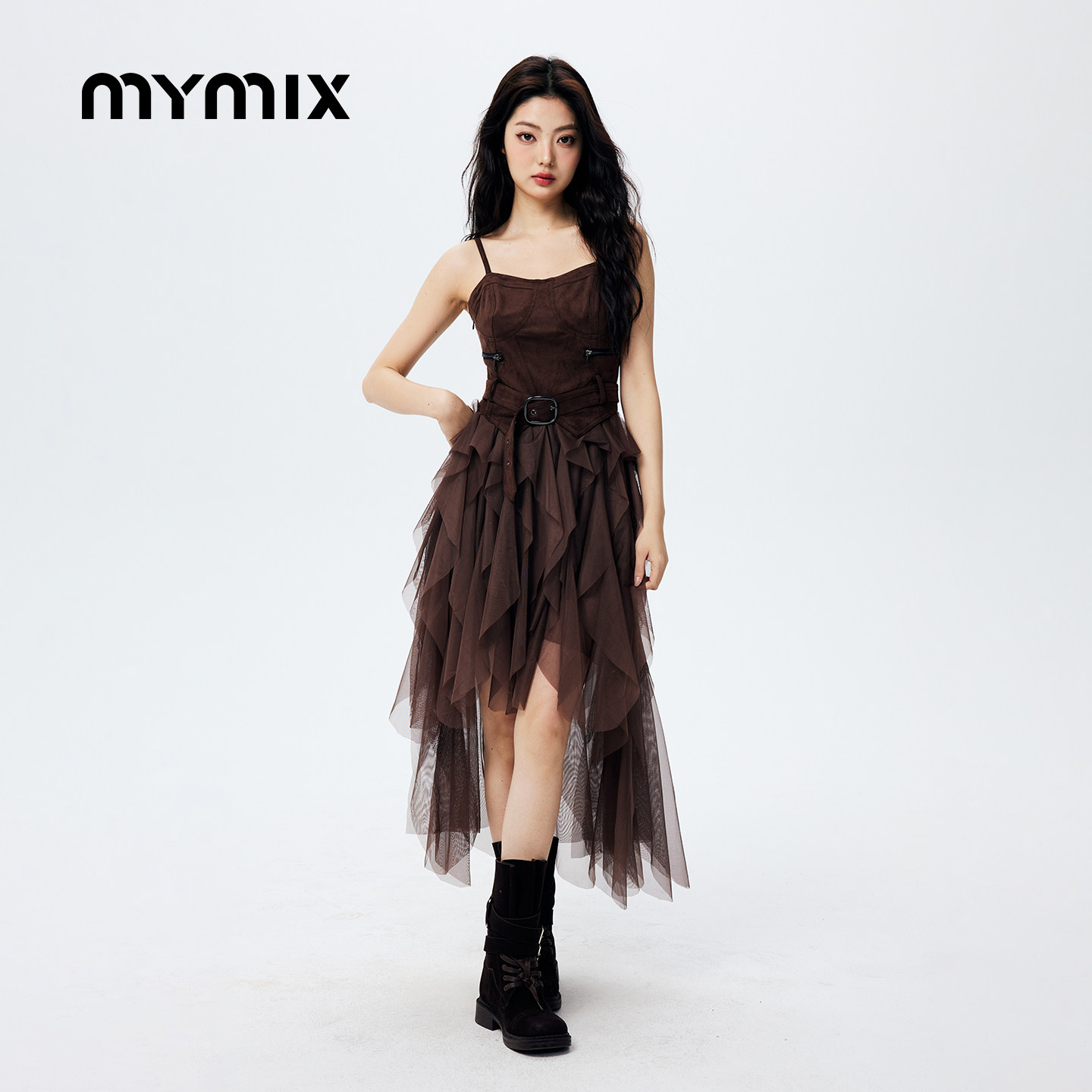 【26春新品】MYMIX高腰修身网纱拼接不规则长款吊带连身裙女装