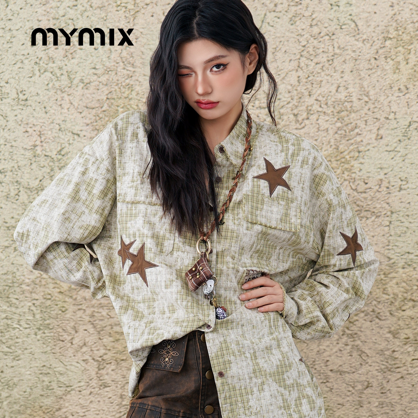 MYMIX星星格纹复古美式翻领衬衫图片