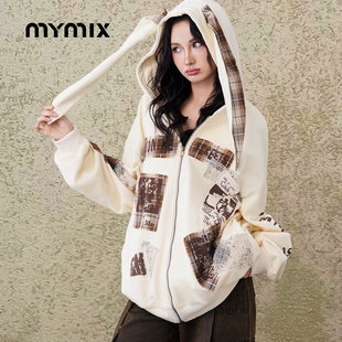 外套女宽松个性 复古做旧贴布长袖 MYMIX美式 连帽卫衣 25秋新品