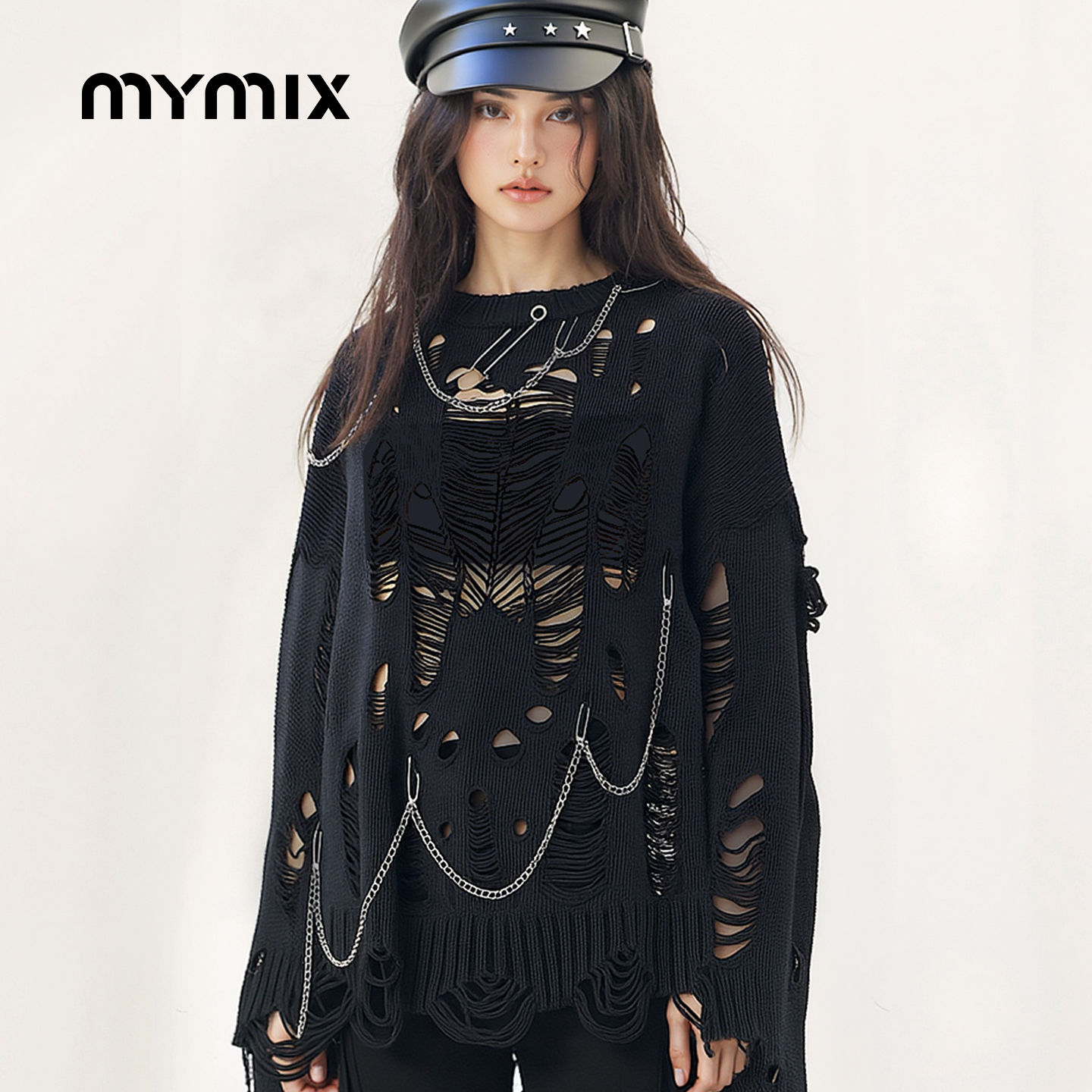 【25冬新品】MYMIX美式破洞毛衣女小众设计辣妹风摇滚针织衫上衣