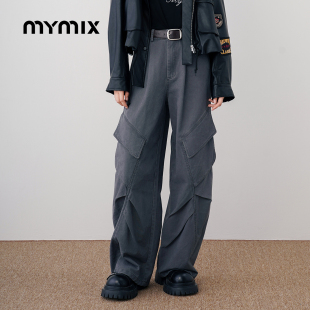 裤 复古褶皱设计阔腿工装 MYMIX美式 女宽松直筒休闲裤 25秋新品