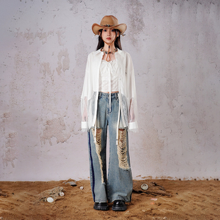 【25夏新品】MYMIX辣妹牛仔裤女装宽松破洞直筒裤高腰阔腿裤子