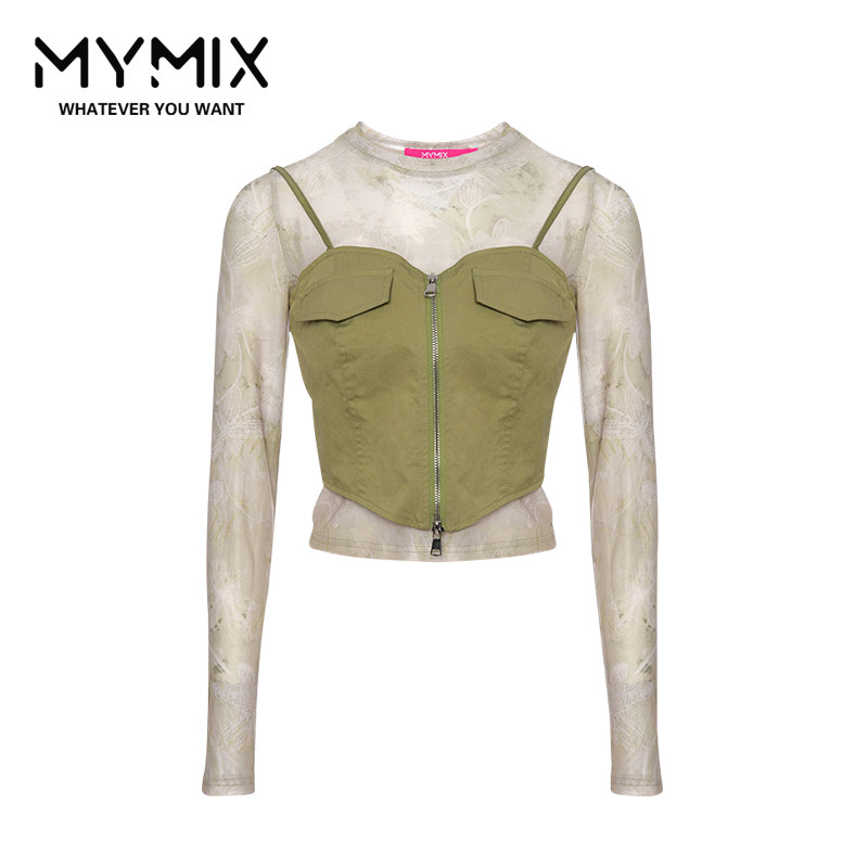MYMIX我的组合2024秋季新款时尚拼接假两件长袖小衫上衣女图片