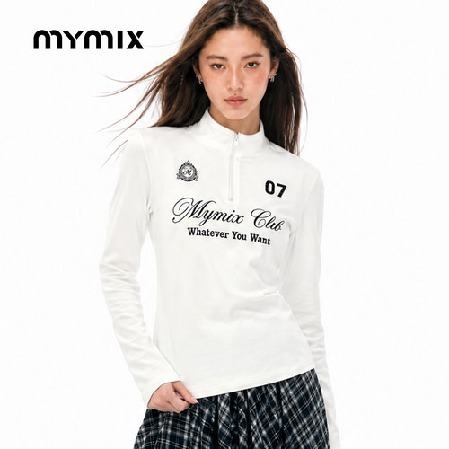 mymix字母印花立领长袖T恤女