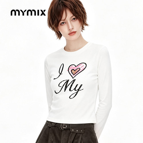 mymix字母印花修身长袖T恤女