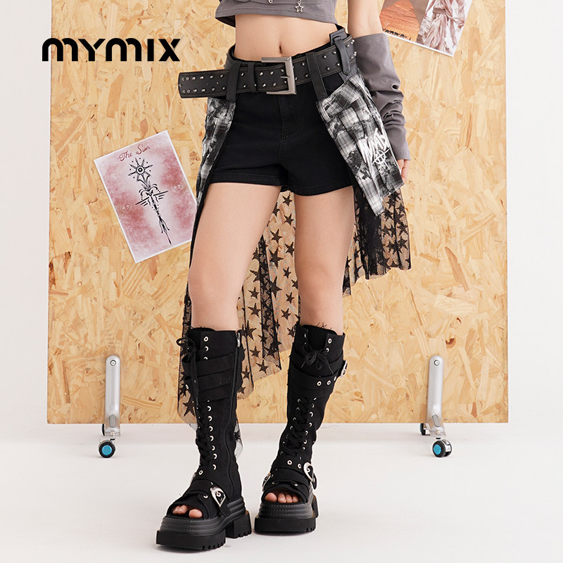 mymix25秋辣妹蕾丝拼接不规则短裤高腰显瘦百搭A字热裤官方女装