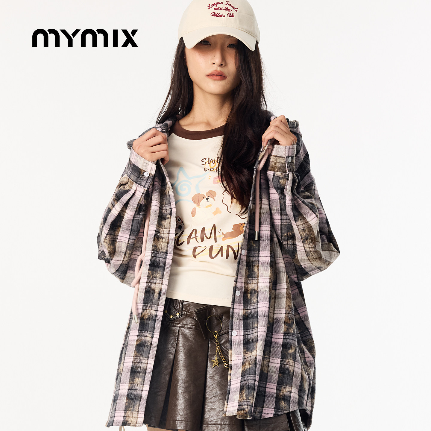 MYMIX格纹中长款长袖连帽衬衫女图片