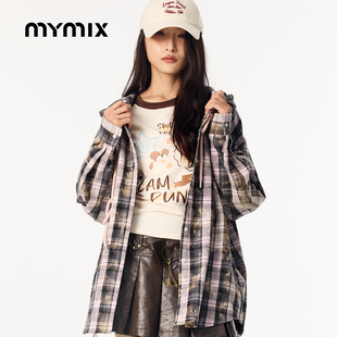 【26春新品】MYMIX时尚潮流格纹中长款长袖连帽衬衫宽松女士外套