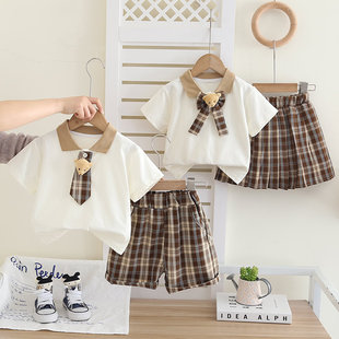 男女童夏季短袖套装宝宝学院风夏装衣服儿童姐弟兄妹衬衫两件套潮