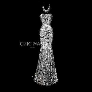 ChicNaNa银湖倾斜落银色亮片鱼尾礼服裙新娘晚礼服生日宴会敬酒服