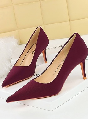 3391-A10欧美风时尚简约女鞋高跟鞋细跟高跟浅口尖头春秋新款单鞋