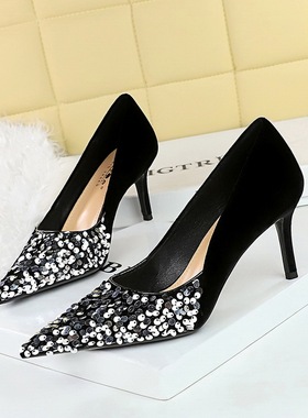 7236-1欧美风时尚轻奢宴会女鞋高跟鞋细跟浅口尖头拼接亮片布单鞋