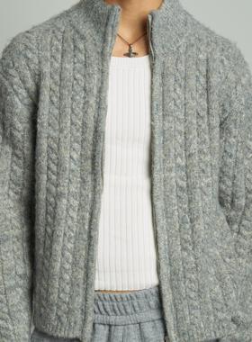 RETRO21 R21羊毛混纺花灰色扭花双拉链开衫