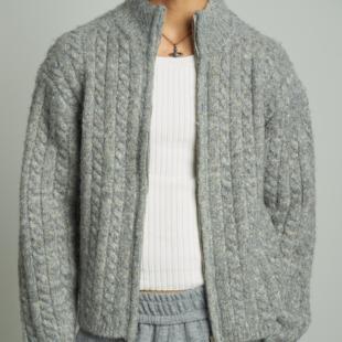 RETRO21 R21羊毛混纺花灰色扭花双拉链开衫