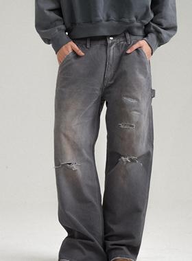 Retro21 R21 成衣染紫色朱帆布工装裤水洗破洞补丁直筒裤