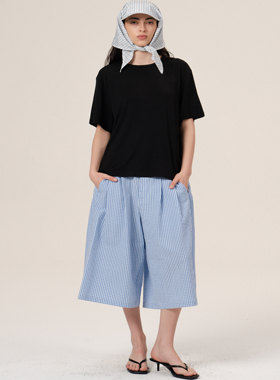 Retro21 R21 日本进口纱线泡泡纱肌理感宽松阔腿七分格子短裤