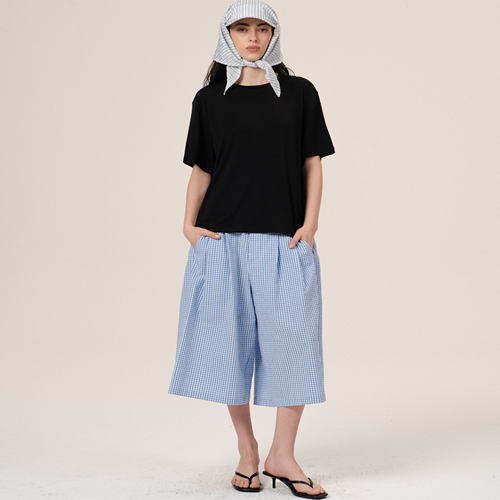 Retro21 R21 日本进口纱线泡泡纱肌理感宽松阔腿七分格子短裤