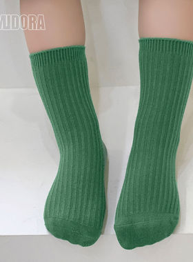 儿童袜子春秋季宝宝精梳棉短袜女童中筒袜中大童绿色小腿袜堆堆袜