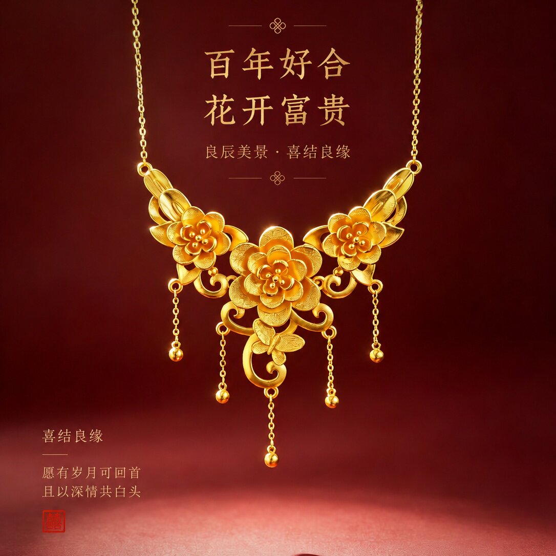 星光守护镀金花朵流苏新娘项链图片