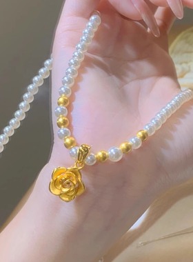 玫瑰花淡水珍珠项链吊坠女款轻奢