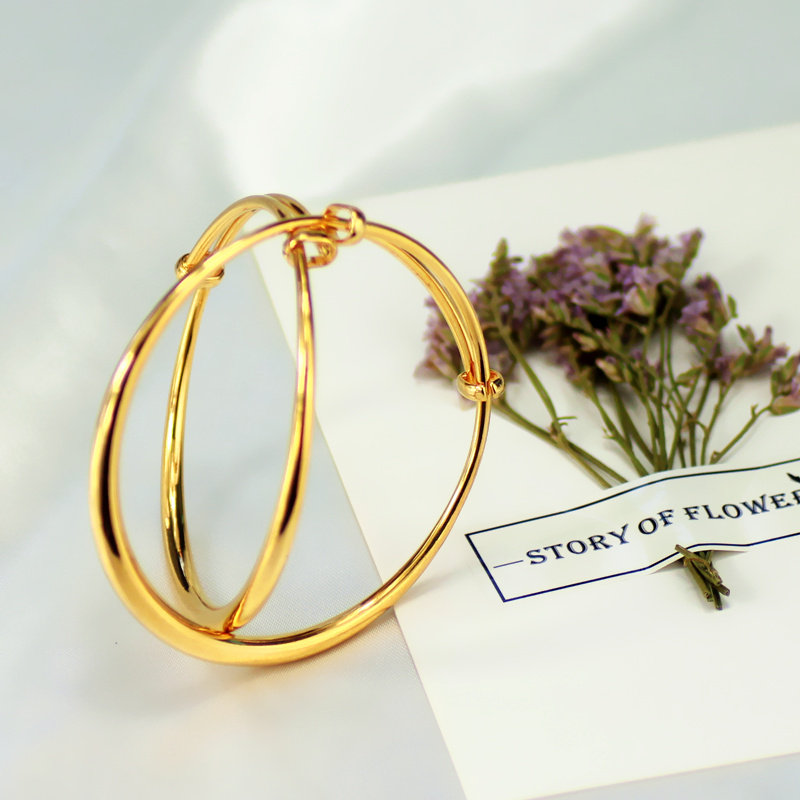 镀金镯子光面光圈空心圆柱圆镀黄金手镯宝宝推拉手镯长命锁套装