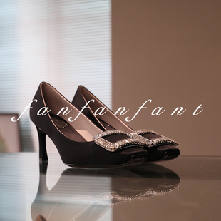 fanfanfant 钻扣黑色真丝 7CM方扣舒适高跟鞋 版型超正 工作鞋