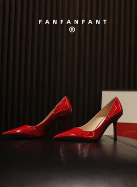 如履平地 LOVE85版型 高级红色牛漆皮婚鞋 尖头8.5CM高跟鞋工作鞋