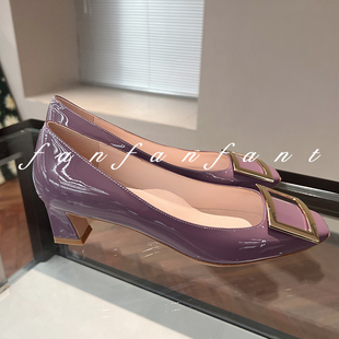 fanfanfant 高级舒适 经典方头方扣单鞋 粗跟牛漆皮气质工作鞋