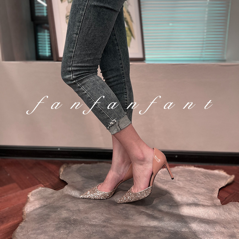 天花板级别 fanfanfant 香槟金高级 8.5CM细高跟 夏季尖头凉鞋,女鞋,时装凉鞋,淘宝优惠券,粉丝福利购,淘宝优惠卷