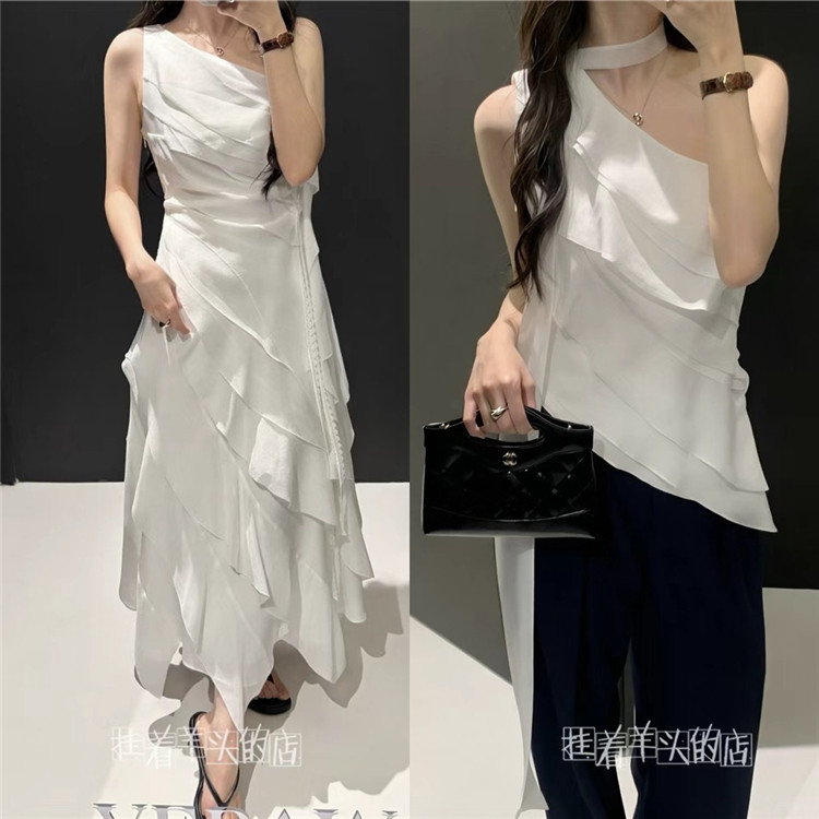 【羊家】F*联名款 多层荷叶边斜肩飘带上衣+连衣裙 女