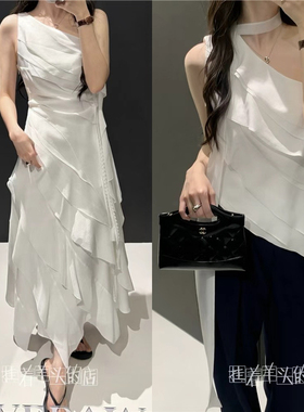 【羊家】F*联名款 多层荷叶边斜肩飘带上衣+连衣裙 女