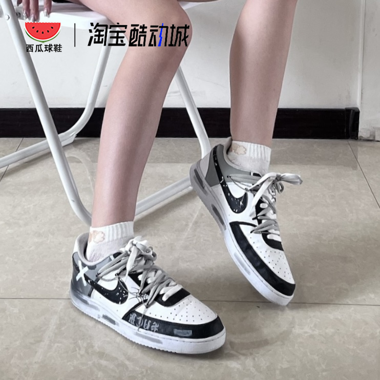 西瓜球鞋定制 Nike Court Vision 黑白禁区哥特风 渐变 低帮板鞋