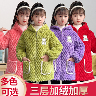 大童加厚罩衣女孩长袖 外穿加绒棉袄家居服保暖护衣儿童防脏 拉链款