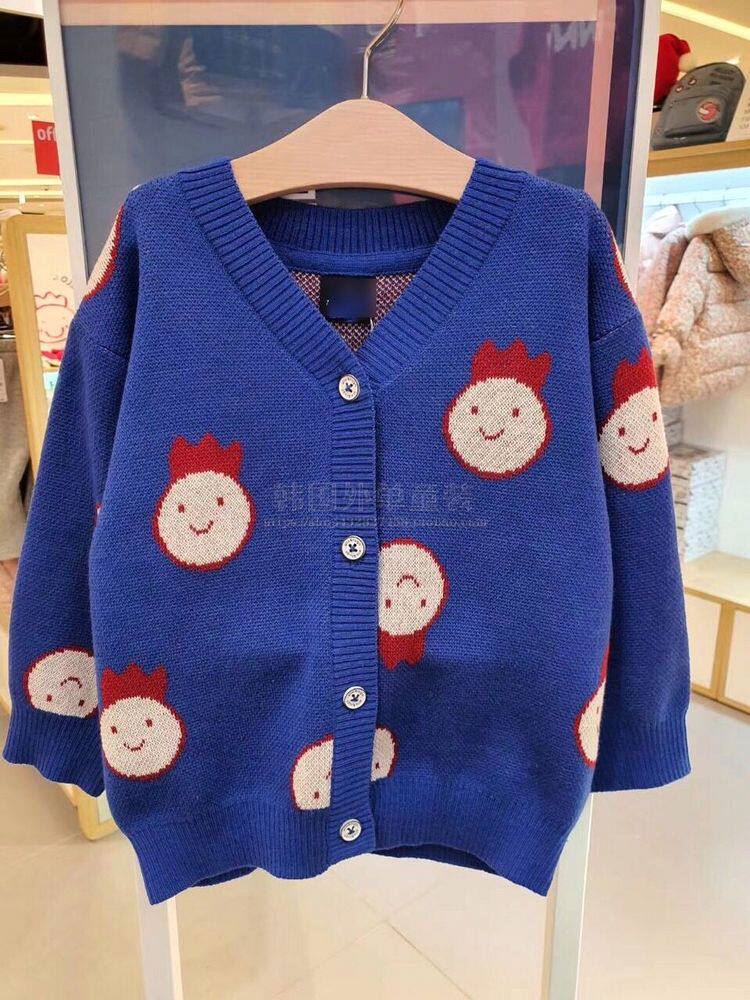 韩国中小潮童装春秋冬新款男女童宝宝蓝色娃娃头针织开衫 v领毛衣