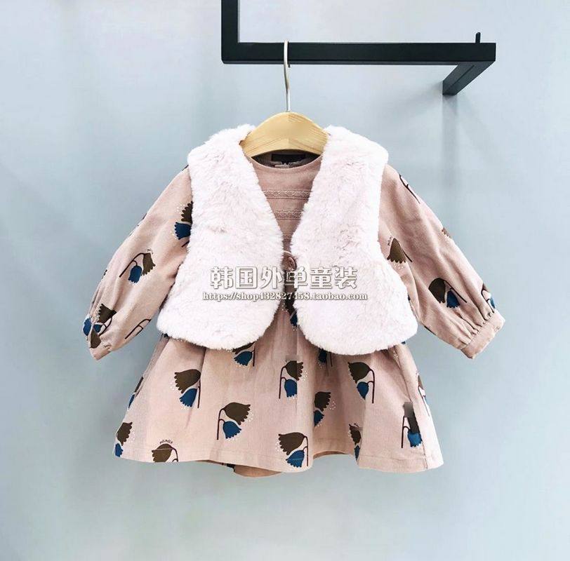 韩国女童装小雨伞冬新款宝宝粉色花卉满印连衣裙毛毛披肩背心套装