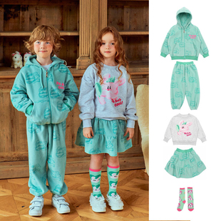 加绒秋冬款 韩国ins宝宝男女童兄妹装薄荷绿外套卫衣长裤裙子套装