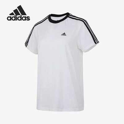 adidas  印花条纹圆领套头短袖美式复古正肩袖T恤女款 H10201