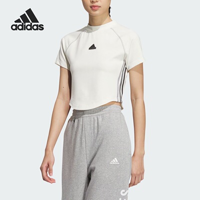 adidas  侧条纹短款运动休闲修身短袖圆领T恤女款 JJ1113